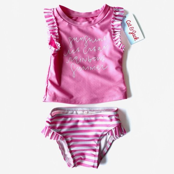 Cat & Jack Swimsuit Girl 12 Month Bikini 2 Piece Set Pink Graphic Ruffle New - Picture 2 of 14